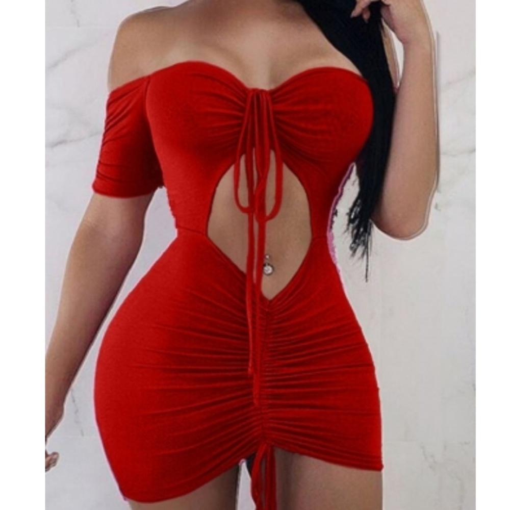 Sexy Bateau Neck Drawstring Red Dres